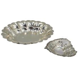 (2 pcs) Sterling Silver Trays; Gorham Heart, Petal Cut Rim