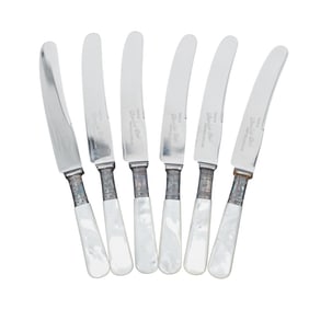 (6 pcs) English Mother of Pearl and Sterling Silver Stainless Steel Knife Set