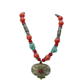 Tibetan DZI Amulet, Turquoise and Coral Beaded Necklace