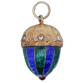 Faberge Style Enameled Sterling Vermeil Acorn Egg Pendant