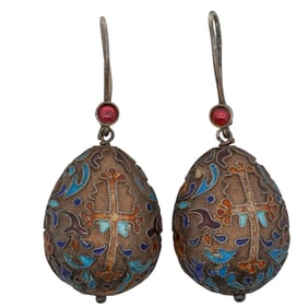 Antique Russian Sterling Silver & Enamel Egg Earrings
