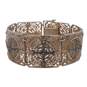 Vintage Sterling Silver Filigree and Marcasite Cross Bracelet