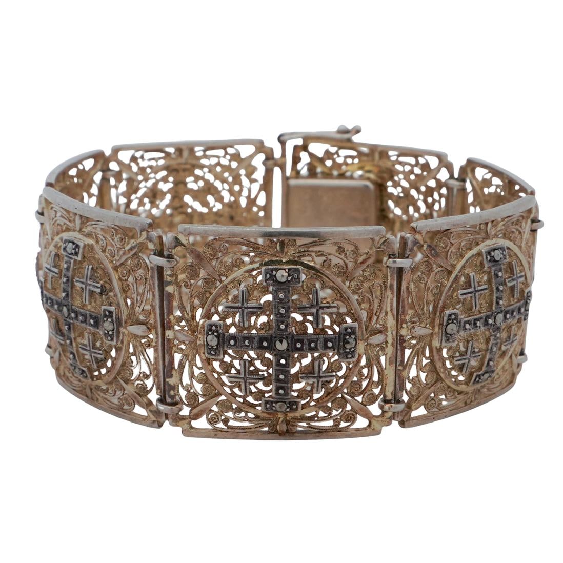 Vintage Sterling Silver Filigree and Marcasite Cross Bracelet (1 of 6)