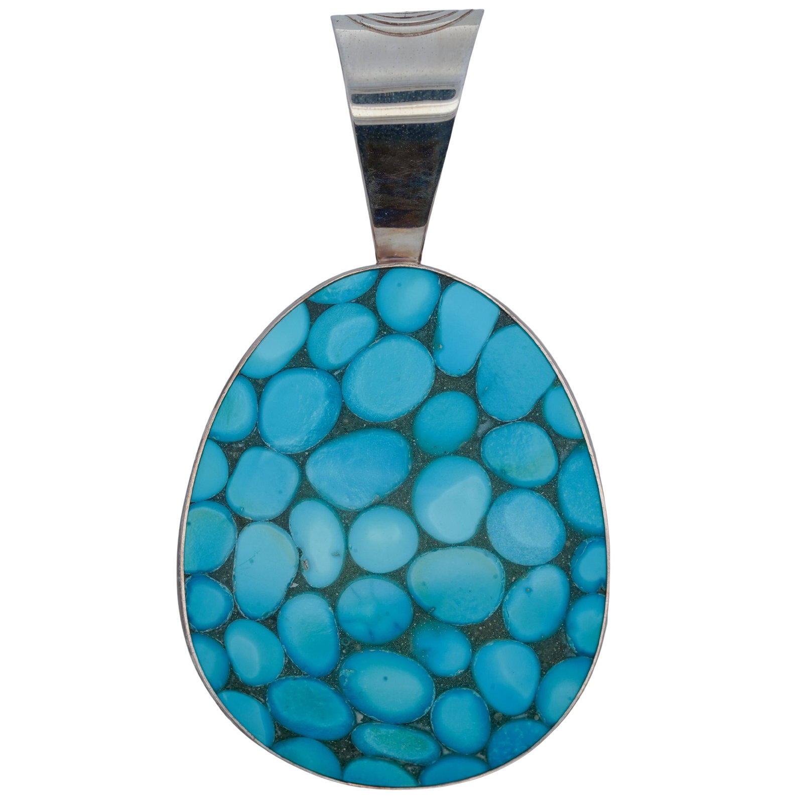 Jay King Sterling Silver & Turquoise Pendant: Jay King Sterling Silver & Turquoise Pendant 20th c., China Sterling silver pendant set with turquoise stones and engraved with a swirling pattern on the back. It is stamped with the Jay King DTR hall
