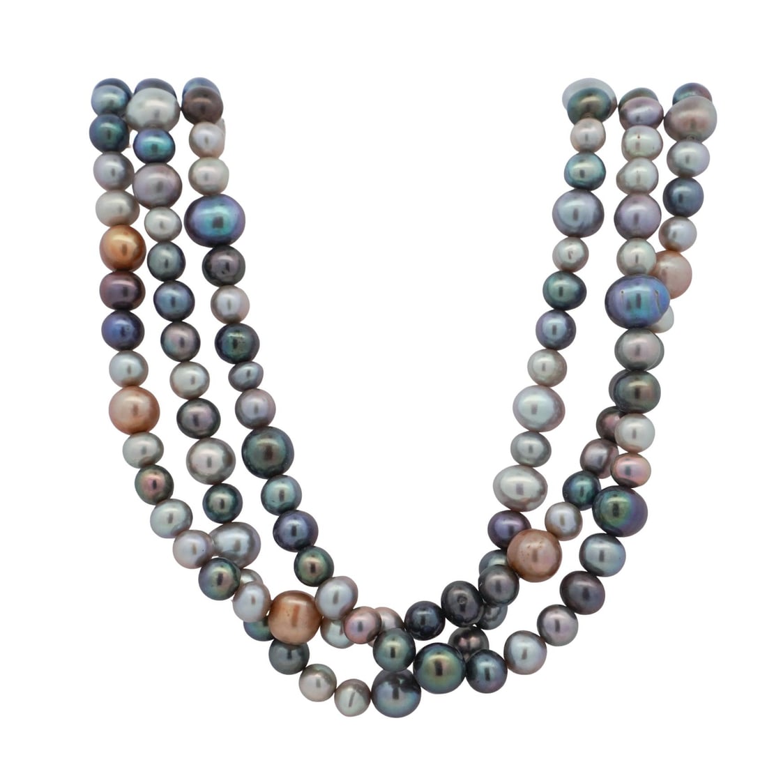Vintage 14K Gold and Multi-Colored Pearl Necklace: Vintage 14K Gold and Multi-Colored Pearl Necklace 20th c., Continental Three-strand multi-colored natural pearl necklace. It has a ball clasp stamped G. and 585 on the tab. 69.2g total weight. Approx.
