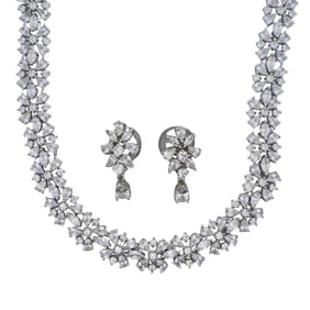 Vintage Silver Tone Crystal Necklace & Earrings Set