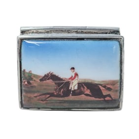 Antique Enameled Sterling Silver Equestrian Pill Box