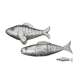 (3 Pc) Sterling Silver Articulated Fish Spice Boxes & Pendant Grouping
