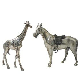 (2 Pc) 800 Silver Giraffe & Silverplate Horse Figurines