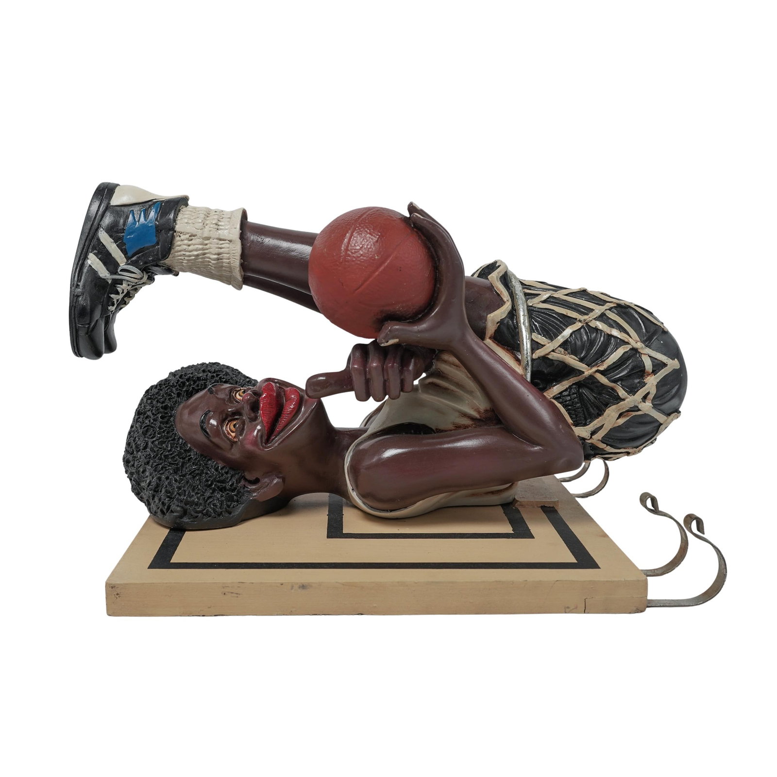 Retro Figurative Basketball Wall-Mounted Sculptural Coat Hanger: Retro Figurative Basketball Wall-Mounted Sculptural Coat Hanger 20th Century, American. Retro mixed media basketball wall-mounted coat hanger depicting a basket player inside the basketball hoop. Atta