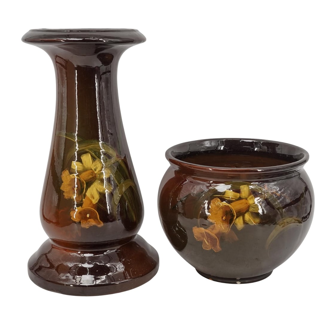 (2 pcs) American Majolica Floral Ceramic Planter and Pedestal (1 of 12)