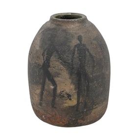 Primitive Art Pottery Raku Jar W/ Painted Figures