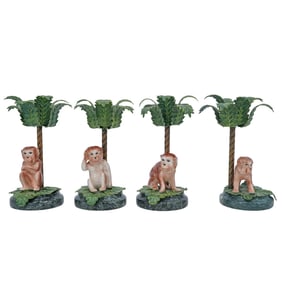 (4 pcs) Tole and Porcelain Monkey Palm Tree Candlesticks