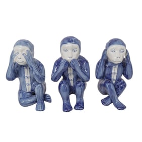 (3 Pc) Blue & White Porcelain Three Wise Monkey Sculptures