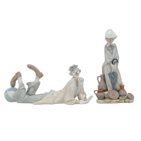 (2 Pc) Lladro Porcelain Clown & Ceramic Seller Figurines