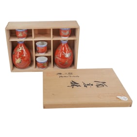(6 pcs) Fukagawa Seiji Porcelain Hot Sake Set in Wooden Box