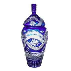 Bohemian Cobalt To Clear Large Glass Covered Urn
