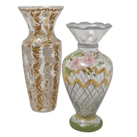 (2 pcs) Floral Hand Painted Glass Vases; Tracy Porter, Signed "Ruth"