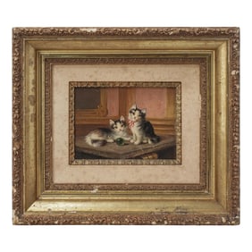 Antique Signed Kitten Oil Painting