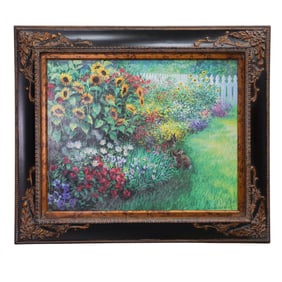 Laurie Snow Hein (American, active 20th-21st c.) Bunnies in a Garden Oil on Board