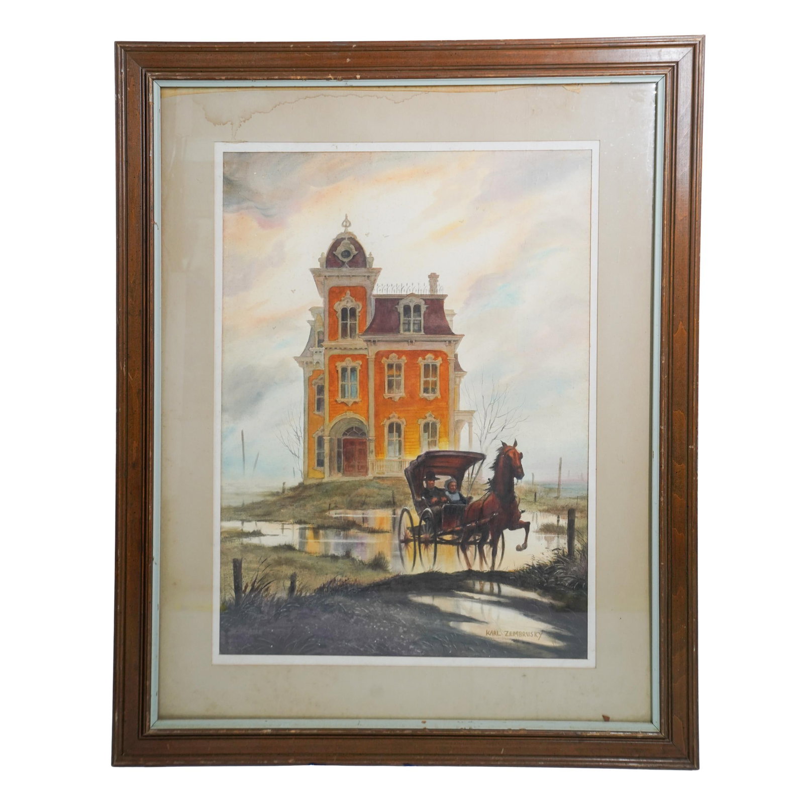 Karl Zembrusky (20th Cent.) Framed Watercolor Painting: Karl Zembrusky (20th Cent.) Framed Watercolor Painting 20th Century, American. Karl Zembrusky (20th Cent.) framed watercolor painting. Depicts a landscape scene with a central Victorian house, and a h
