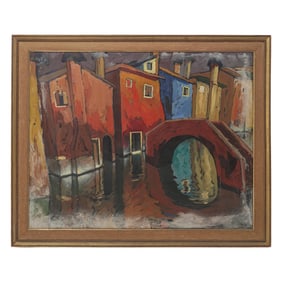 Vintage Signed "Alta Marea Burano" Surrealist Venice Landscape Oil Painting