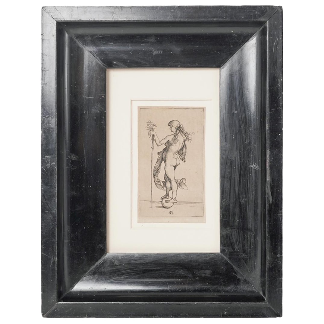 Albrecht Durer (German, 1471-1528) Fortuna Engraving: Albrecht Durer (German, 1471-1528) Fortuna EngravingAlbrecht Durer (German, 1471-1528) Engraving titled 'Fortuna'. The image features a nude female figure, seen in profile, holding a long staff with a