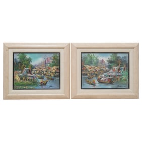 Pair of Signed Southeast Asian River Market Oil on Board Paintings