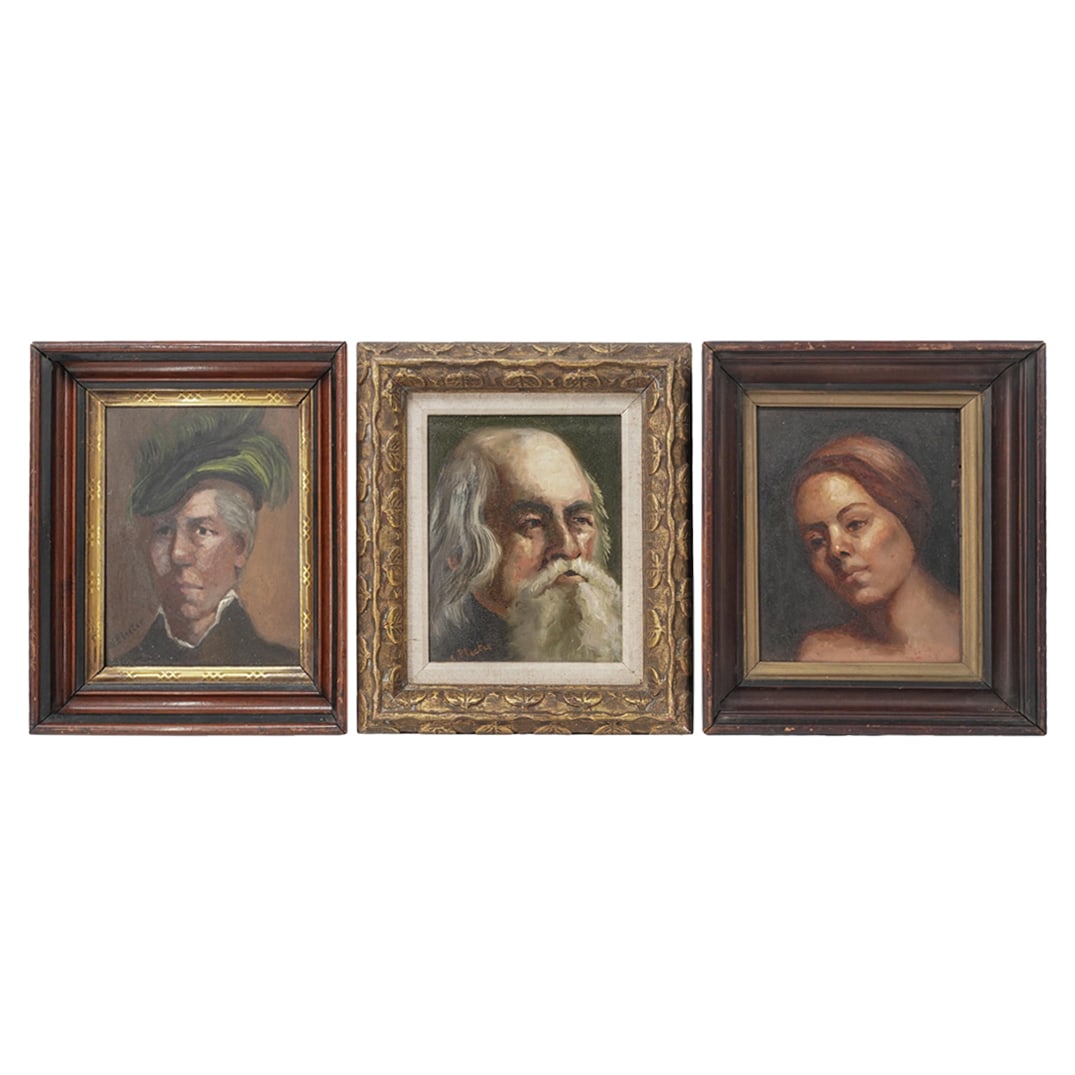 (3 pcs) Signed "E Pleeter" Oil on Board Portraiture: (3 pcs) Signed "E Pleeter" Oil on Board Portraiture20th centuryA set of three oil on board portraiture paintings. Feature a bearded man, a man with a feathered hat, and an auburn haired woman. Each is