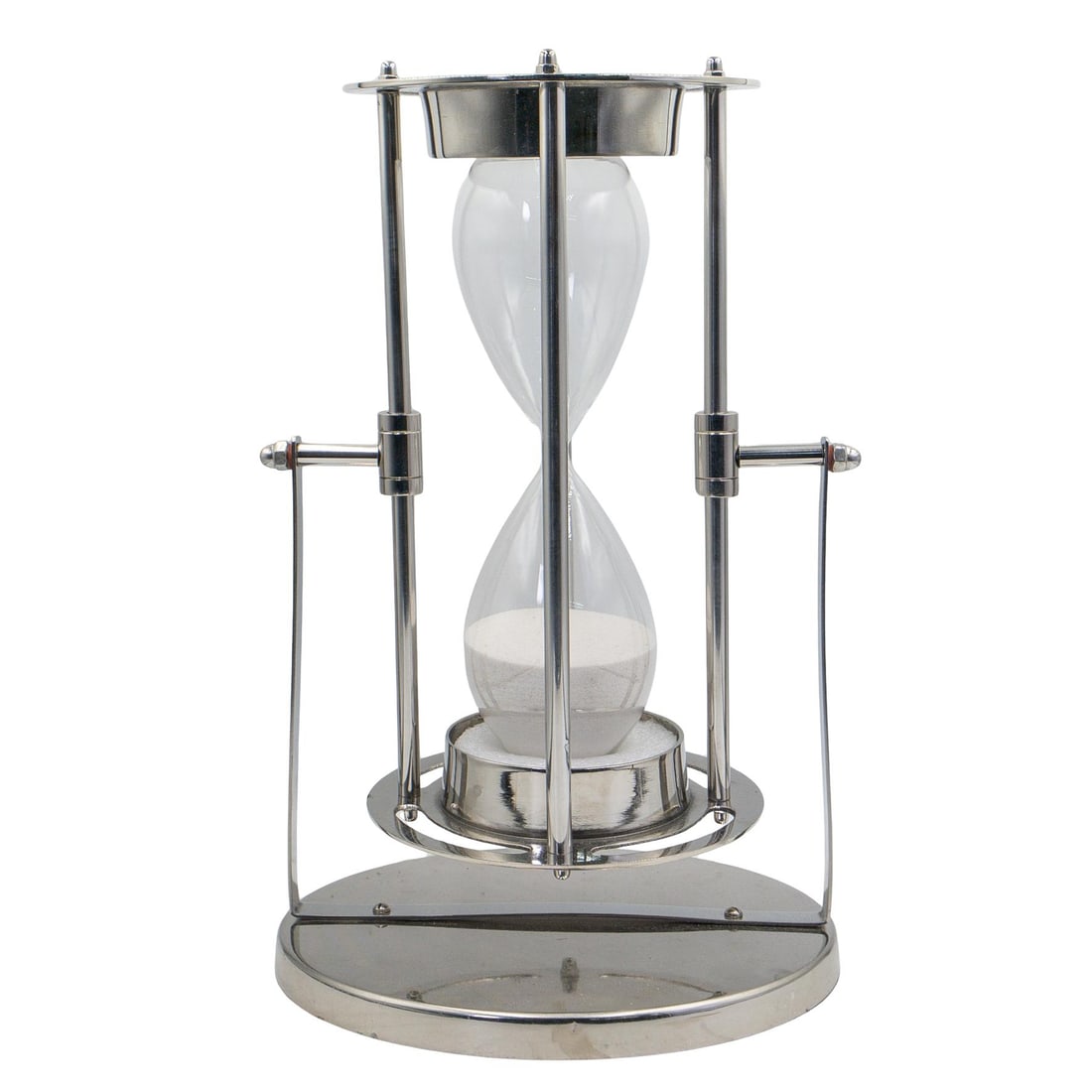 Modernist Metal Hourglass: Modernist Metal Hourglass 21st c., Continental Large modernist flippable hourglass made from clear glass with white sand and chrome metal. H: 14.25" Dia: 9"