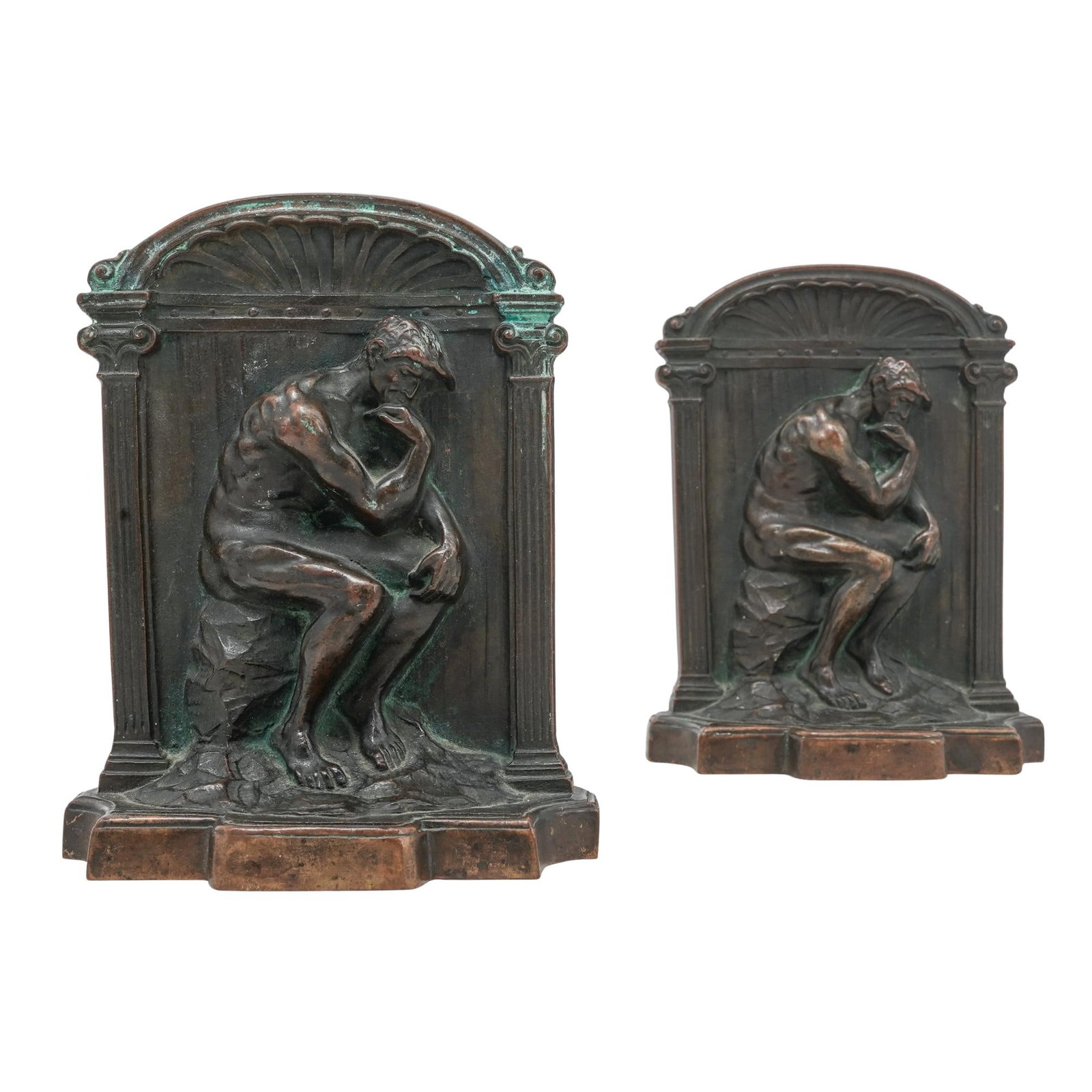 (2 Pc) Antique Bronze After A. Rodin "The Thinker" Bookends: (2 Pc) Antique Bronze After A. Rodin "The Thinker" Bookends Early-Mid 20th Century. Continental. (2 Pc) Antique bronze bookends pair, depicting a seated nude male figure after the sculpture by Auguste