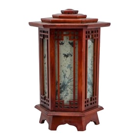 Vintage Asian Wood & Glass Paneled Lamp