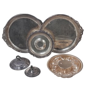 (4 Pc) Silverplate Wallace Baroque Trays, Sheridan Mold & Copper Mold