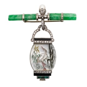 Art Deco Audemar Piguet Platinum, Diamond And Jadeite Watch Brooch