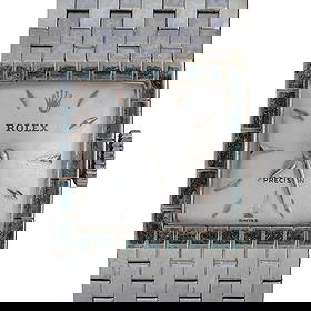 Vintage Rolex Precision 18K White Gold & Diamond Watch: Vintage Rolex Precision 18K White Gold & Diamond Watchc. 1960s, SwissVintage 18k white gold watch with three round diamonds set in the clasp. It is hallmarked Rolex, 750, and Swiss Made on the clasp a