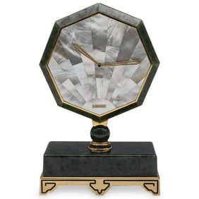 Cartier Art Deco Spinach Jade, MOP, Octagonal Brass Table Clock