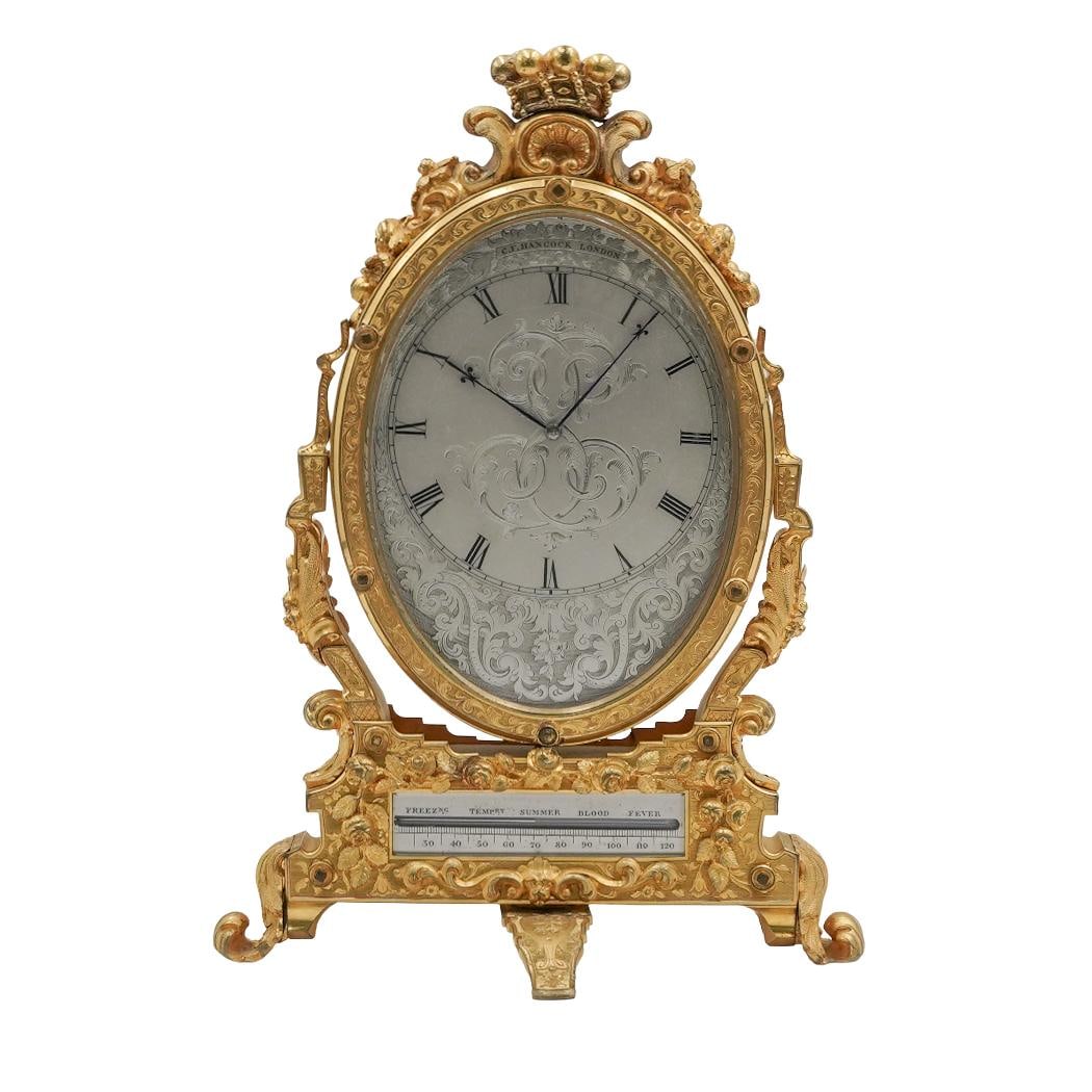 Victorian Gilt Bronze & Silvered Dial Clock with Thermometer (C. F. Hancock) (1 of 9)