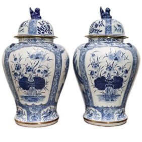 Pair of Maitland Smith Blue and White Porcelain Urns