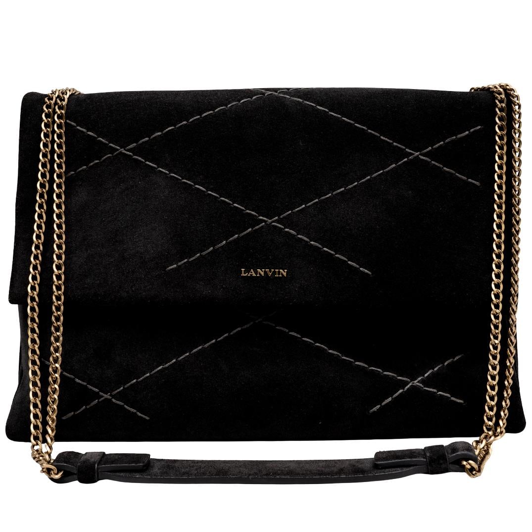 Lanvin Sugar Flap Suede Shoulder Bag: Lanvin Sugar Flap Suede Shoulder Bag 20th Cent., France Lanvin Sugar Flap shoulder bag in gray suede, featuring gold tone hardware, chain link shoulder strap, embroidered accents with single interior 
