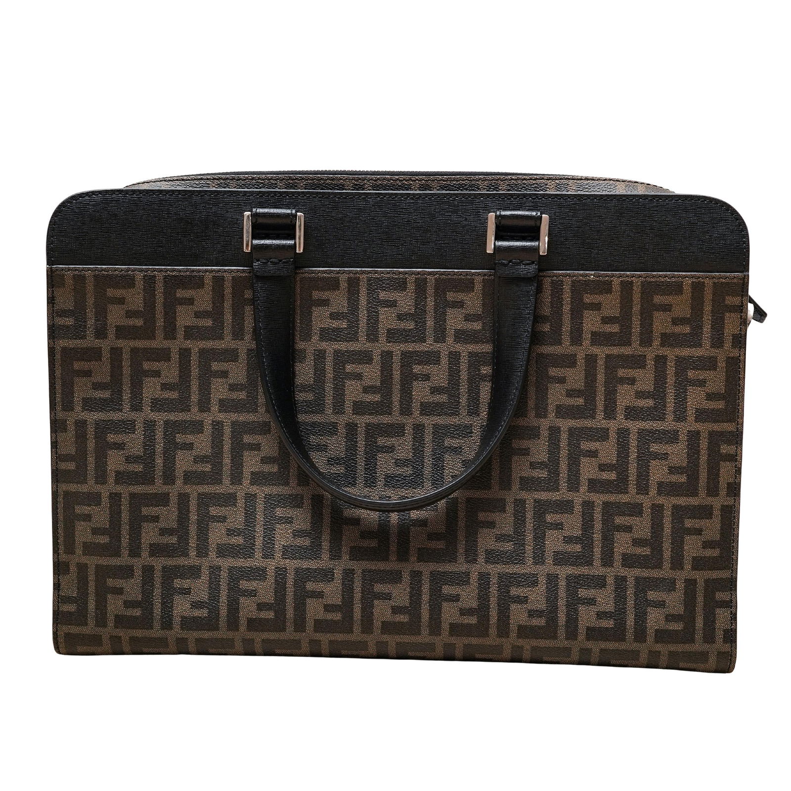 Fendi Zucca Briefcase: Fendi Zucca Briefcase2015, ItalyFendi Zucca briefcase, with brown printed Zucca FF logo, silver tone hardware, flat handles, single adjustable shoulder strap, dual exterior pockets, logo jacquard lini