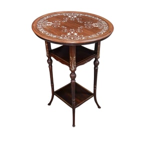 Antique English Collinson & Lock Bone Inlay Mahogany Spindle Leg Card Table/Tea Stand
