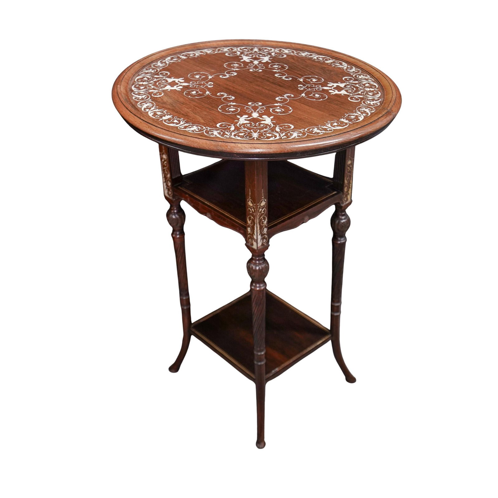Antique English Collinson & Lock Bone Inlay Mahogany Spindle Leg Card Table/Tea Stand: Antique English Collinson & Lock Bone Inlay Mahogany Spindle Leg Card Table/Tea Stand1860s-early 20th century, English19th Century Collinson & Lock (English, 1860-1900s) spindle leg card table/tea sta