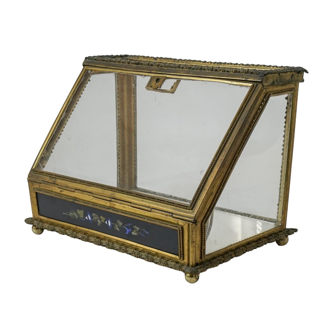 French Antique Ormolu and Stone Inlay Display Box: French Antique Ormolu and Stone Inlay Display BoxMid 19th-early 20th century, FrenchAn antique French Ormolu display box with floral designed trim on base and lid. Front paneling of metal with floral