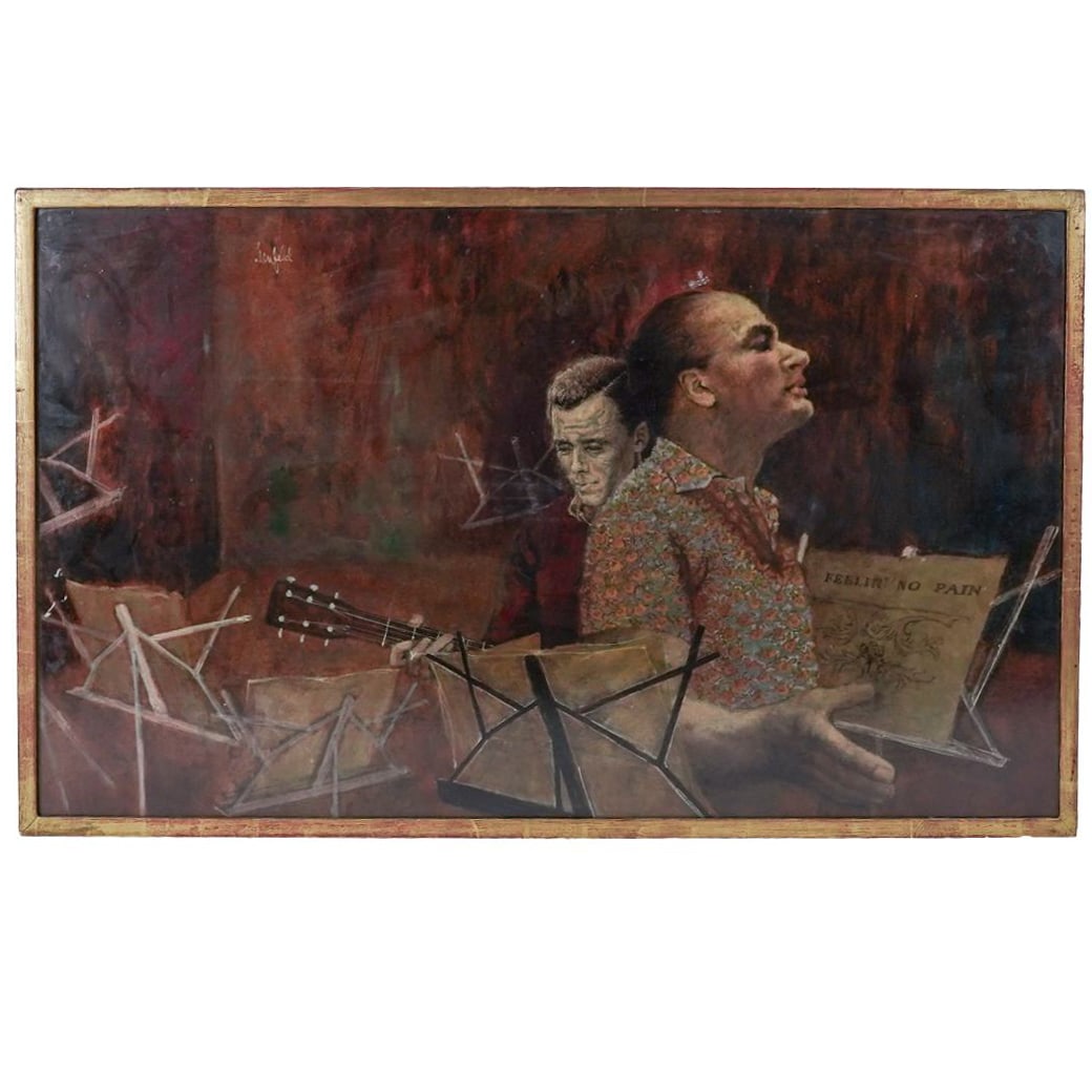 Al Hirschfeld (American, 1903-2003) Oil on Panel Painting: Al Hirschfeld (American, 1903-2003) Oil on Panel Painting20th Cent. USAAttributed to Al Hirschfeld (American, 1903-2003) Oil on panel painting depicting a musical scene between two artists one doing l