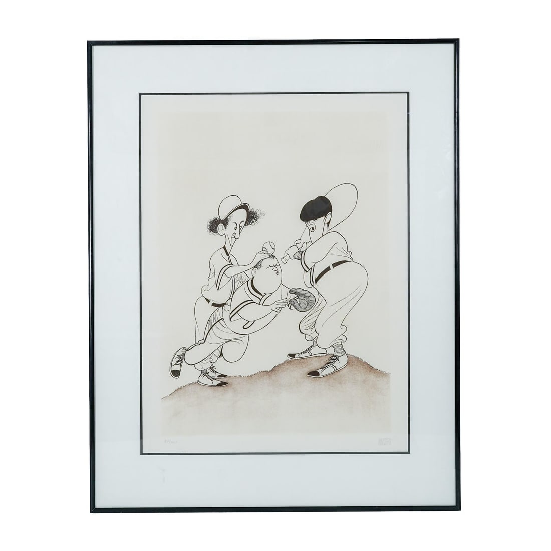 Al Hirschfeld (American, 1903-2003) "Three Stooges" Etching: Al Hirschfeld (American, 1903-2003) "Three Stooges" EtchingLate 20th Cent, USAThree Stooges, 1989, etching, signed and numbered 84/200 in pencil at bottom.Provenance: Estate Of Bert PadellH: 28" x 22"
