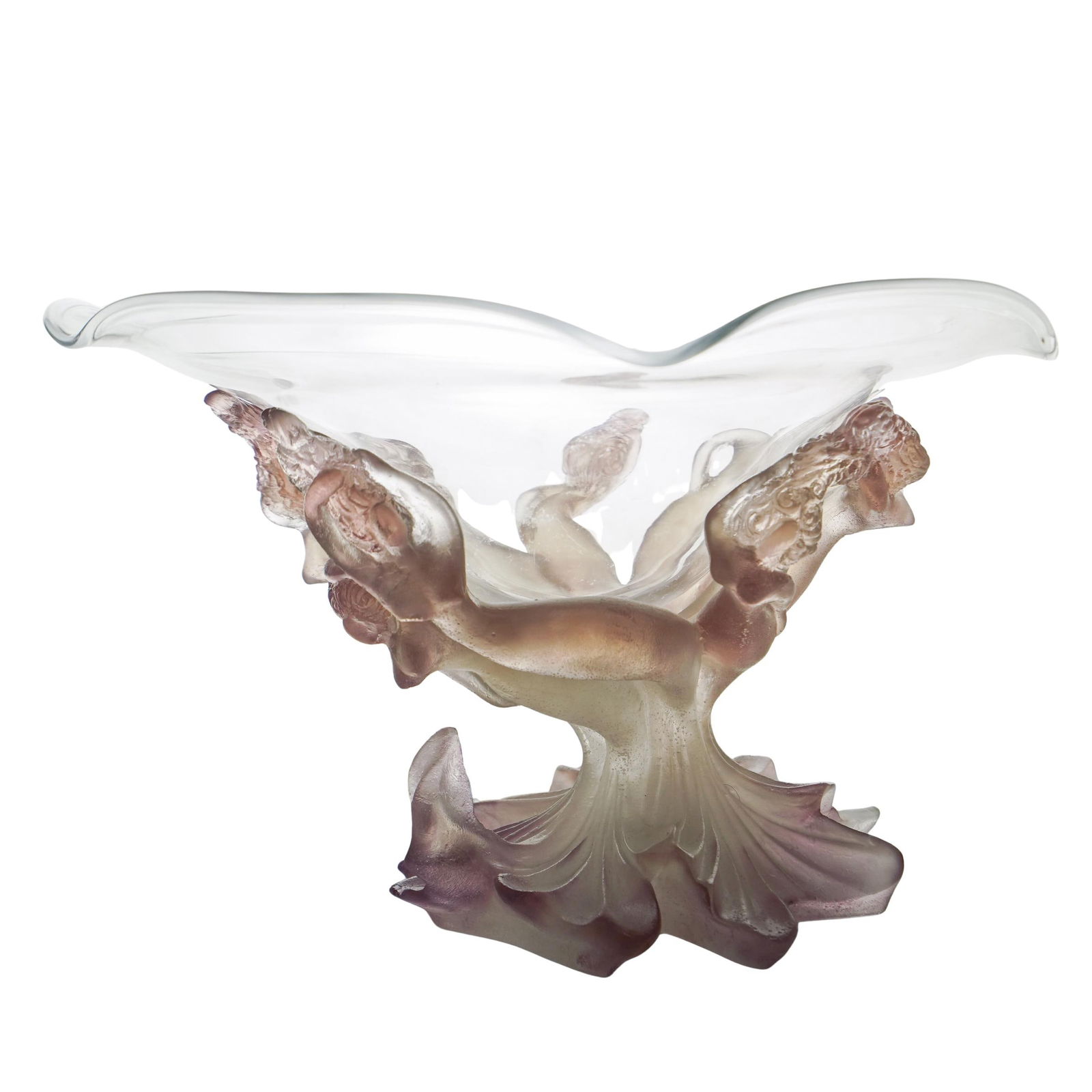 Daum Pate-De-Verre "Roses" Compote Centerpiece: Daum Pate-De-Verre "Roses" Compote Centerpiece20th Century, France.A Daum France Pate-de-Verre glass compote centerpiece with clear glass bowl supported by a ombre cler to lavender pate-de-verre, depi