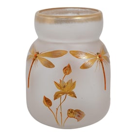 Antique Czech Bohemian Enameled Frosted Glass Dragonfly Vase