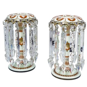 Pair of Antique Enameled Opaline Glass & Crystal Lusters