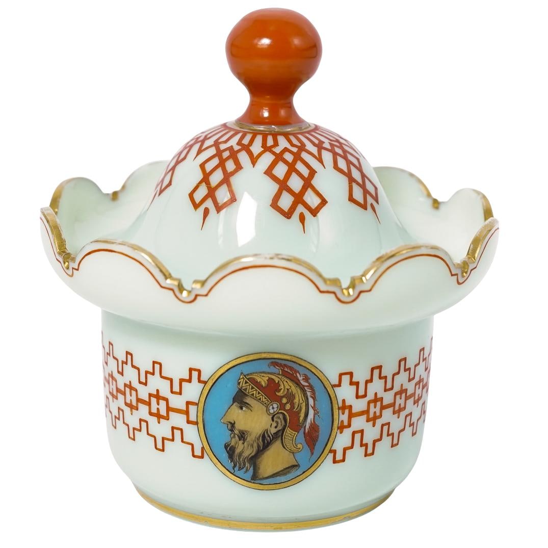 Antique Enameled Opaline Glass Lidded Bowl: Antique Enameled Opaline Glass Lidded BowlEarly 20th Cent. BohemianAntique enameled opaline glass lidded bowl with scalloped gilt rim, completed with Neo classical solider portrait along body, and rou