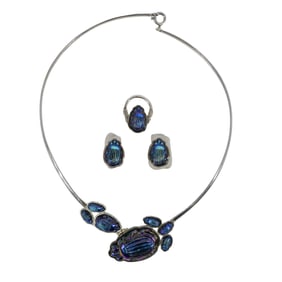 (4Pc) Tiffany & Co. Iridescent Scarab Glass and Sterling Silver Jewelry Suite